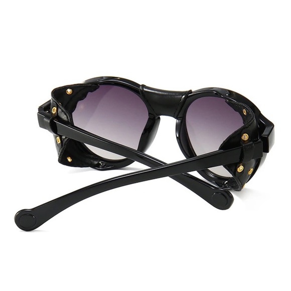 Steampunk Round Gray Gradient Black Leather Shield Polarized Sunglasses - Picture 4 of 16